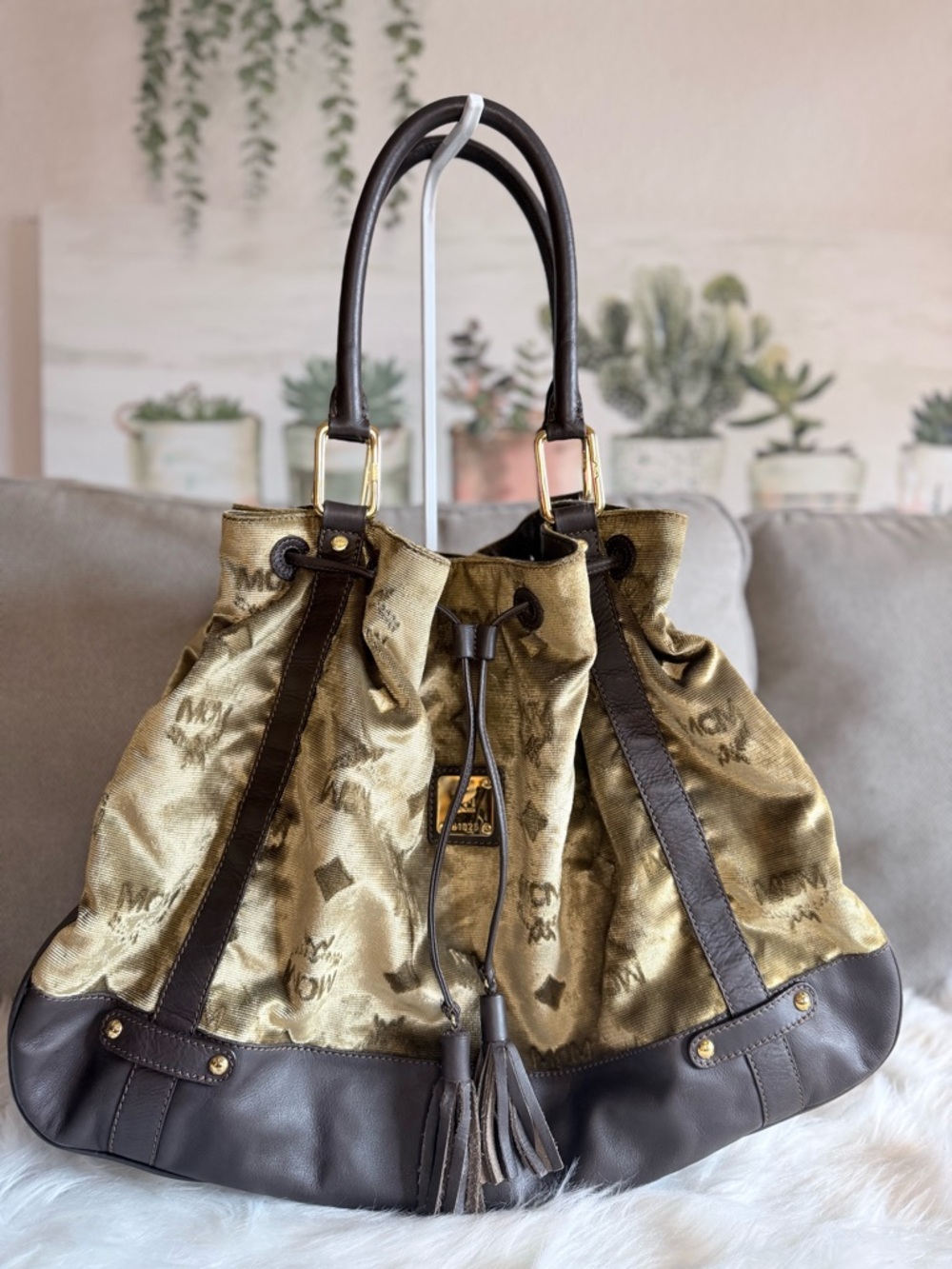 MCM Gold and Brown Drawstring Hobo with Tassel